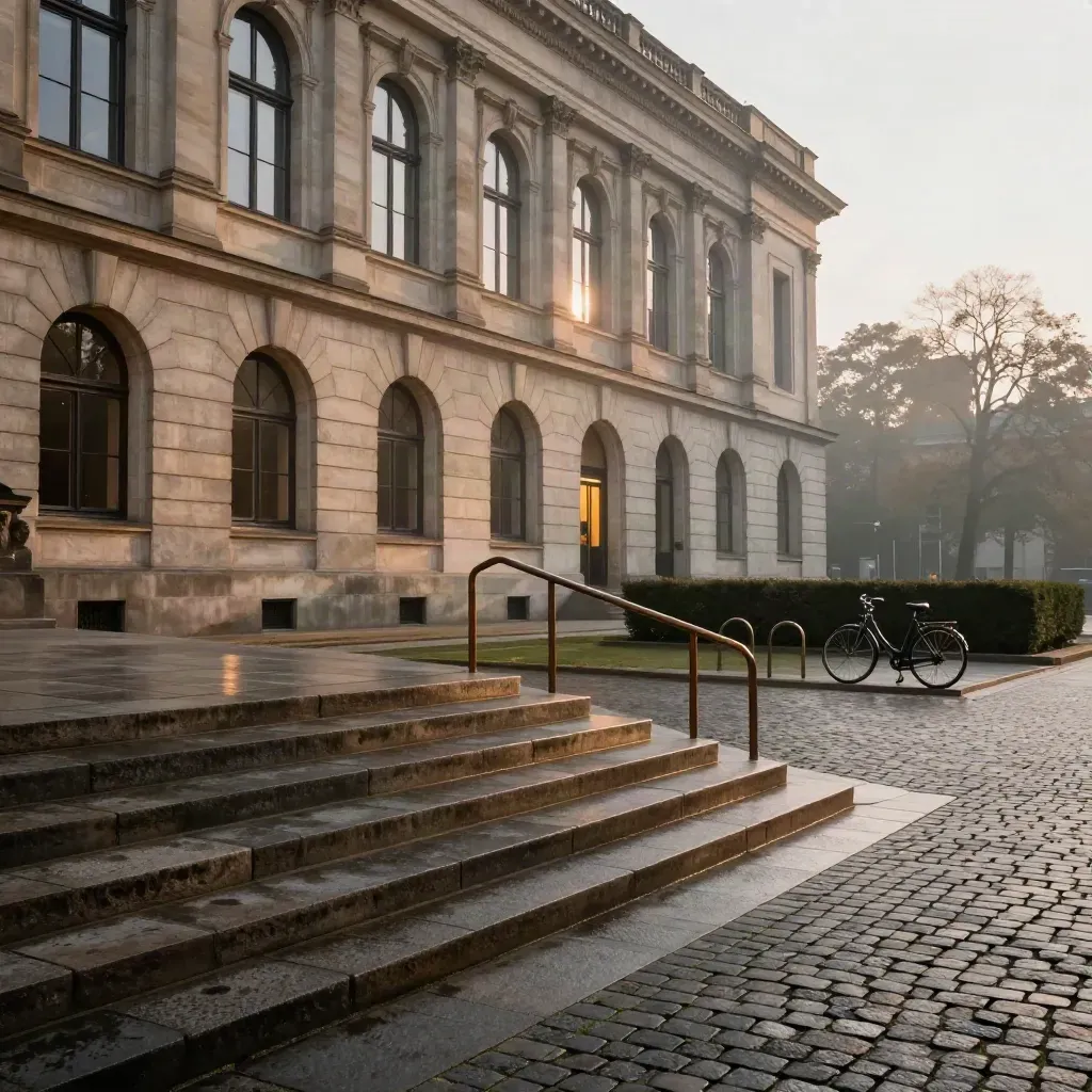 Leeres Rathausportal in Leipzig bei Morgendämmerung mit warmem Licht im Inneren.