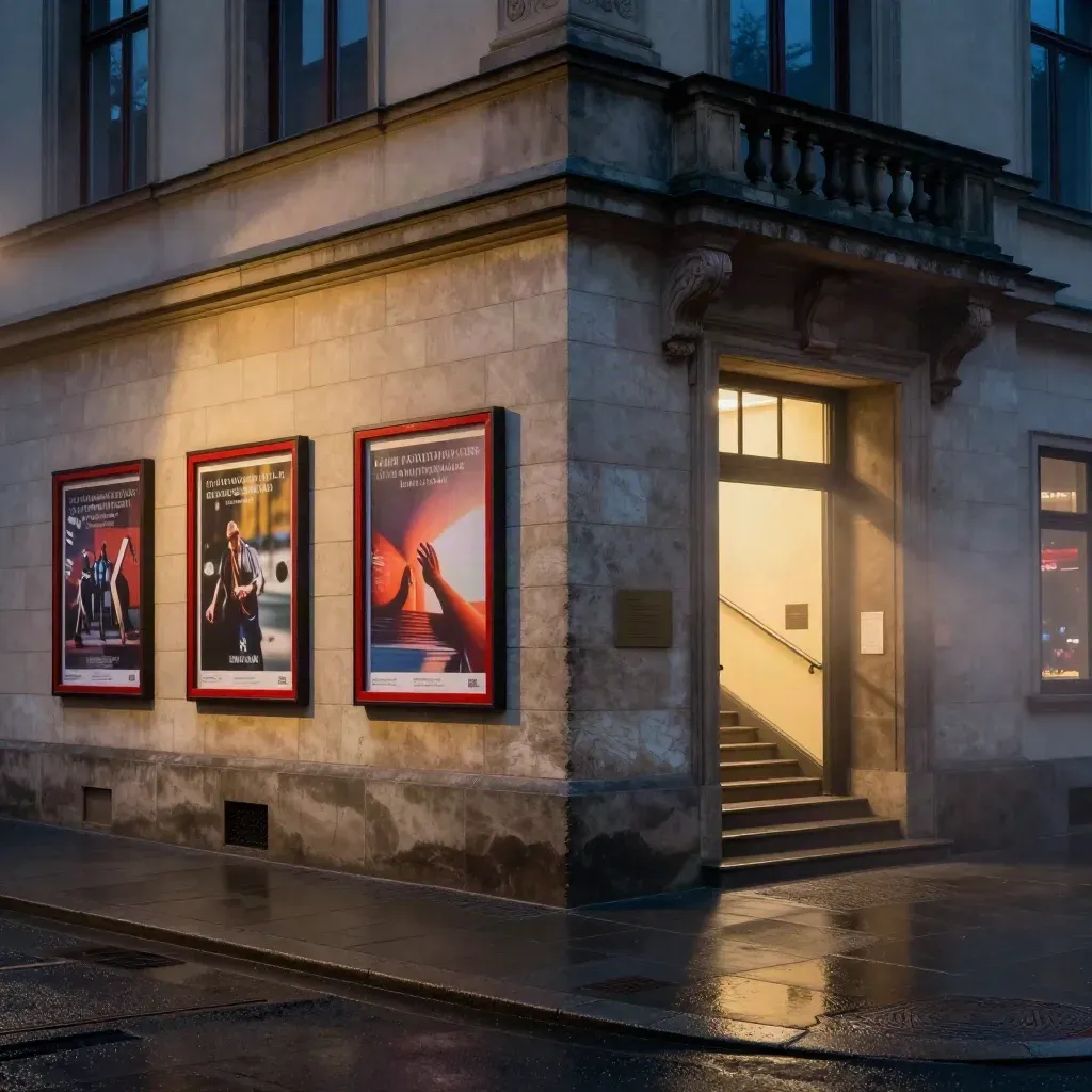 Museumsfassade und Theatereingang bei Nacht, nasses Pflaster, roter Lichtakzent in Leipzig.