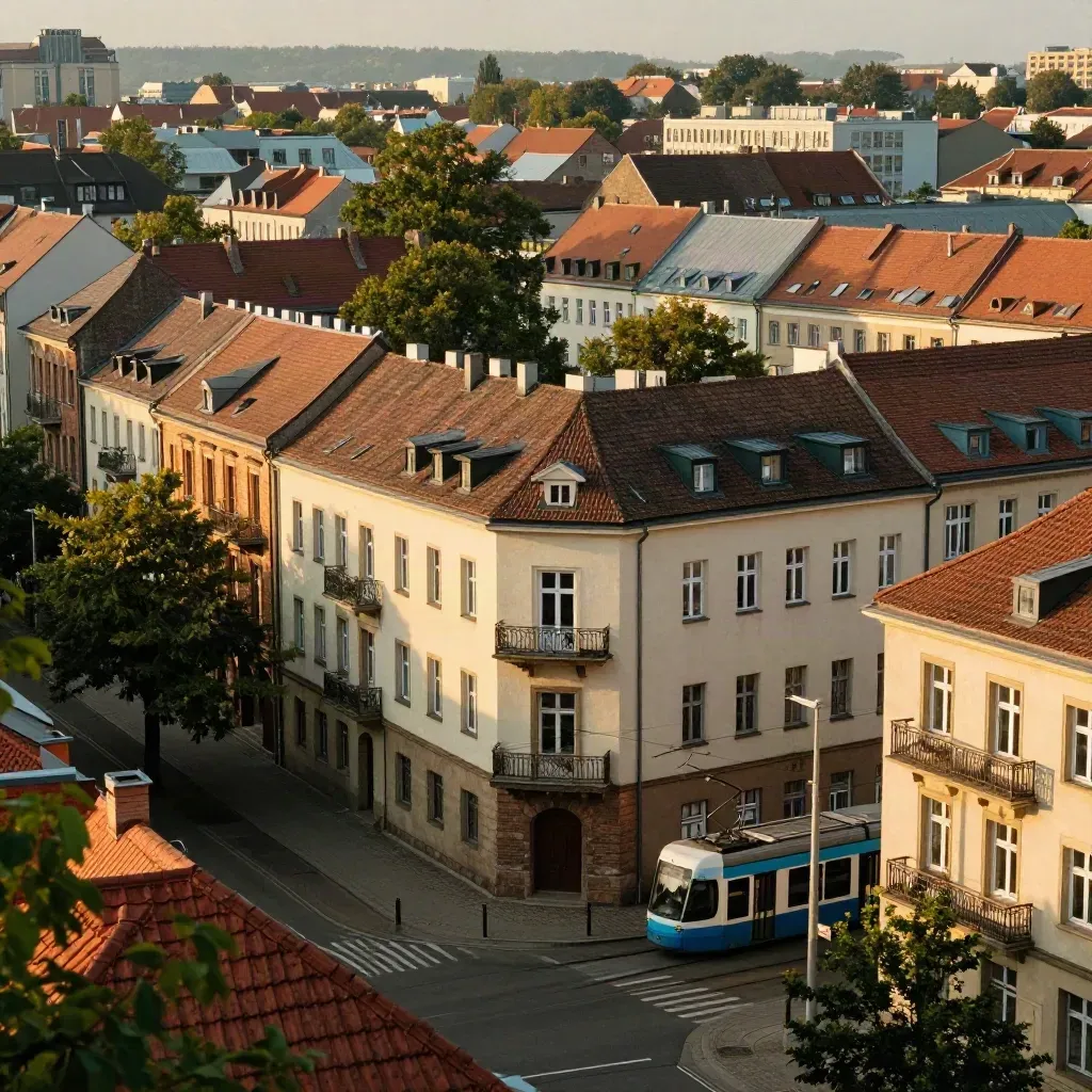 Blick auf Leipziger Häuserblocks mit Straßenbahn im warmen Abendlicht.