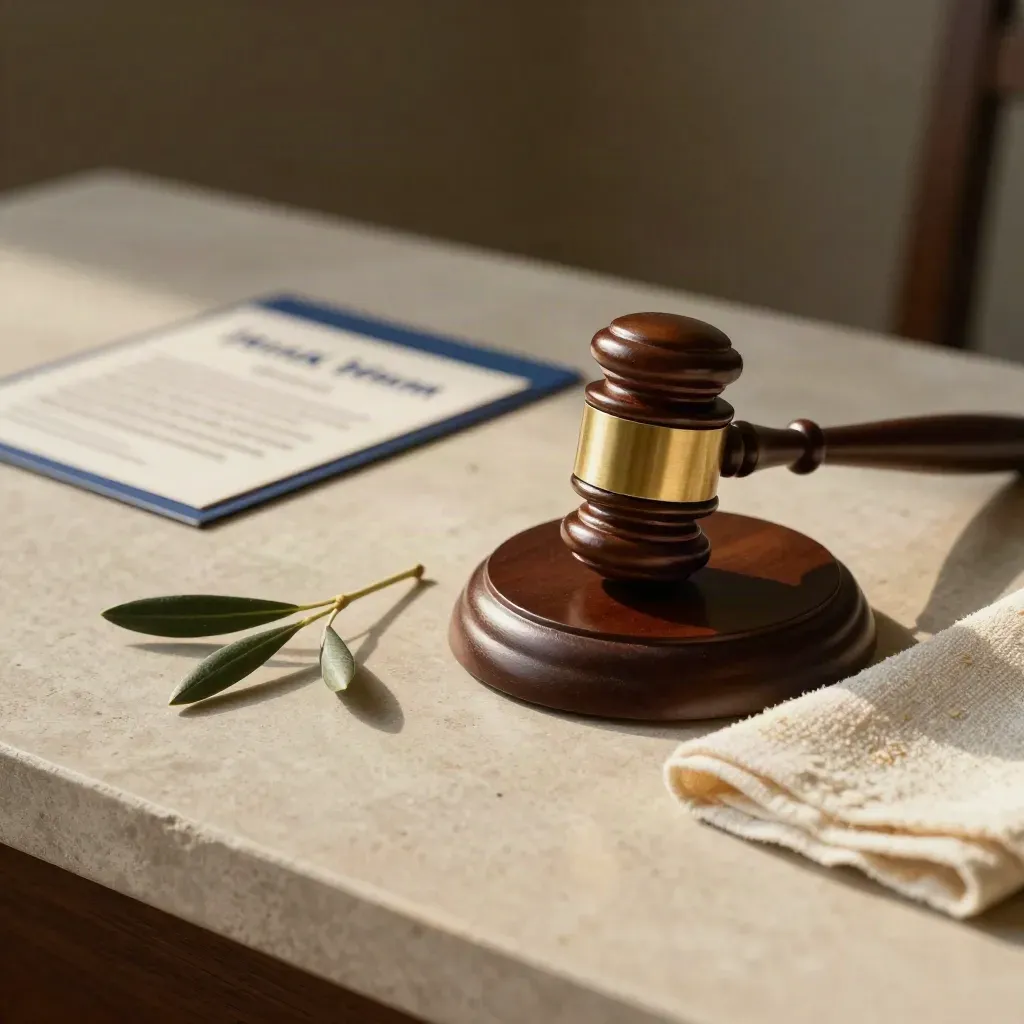 Politik-Stillleben mit Holzhammer, Siegelstempel, Olivenzweig und Stoff auf Steintisch.